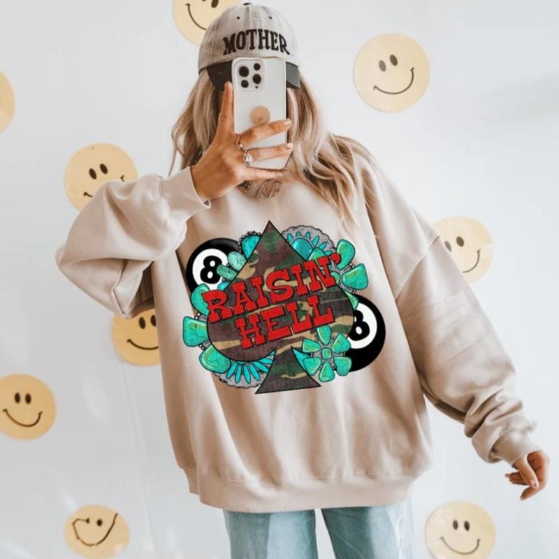 Camo Raisin Hell Crew sweatshirt, graphic tees women, western outfits women, western tops clothing, rodeo cowgirl outfits women, country concert outfits, shirt, sweatshirt, hoodie