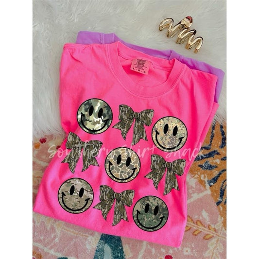 Camo smileys and bows T shirt  | neon pink comfort colors t shirt