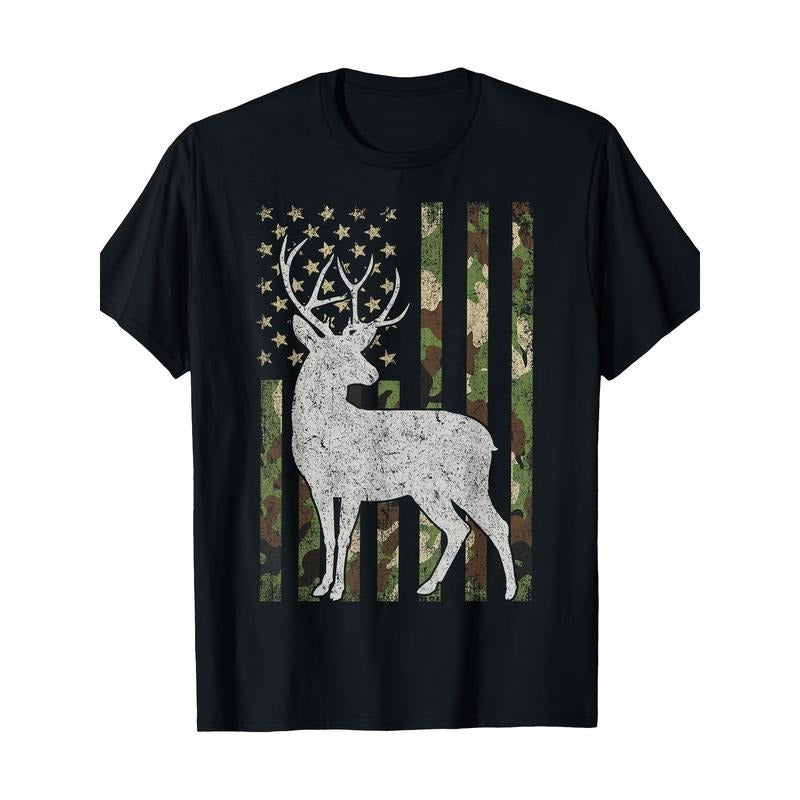 Camouflage American Flag Deer Elk Stag Camouflage Hunting Hunter Gift T-Shirt Made in USA