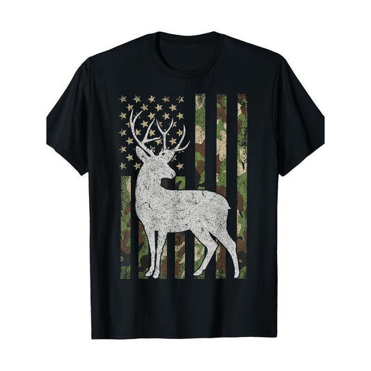 Camouflage American Flag Deer Elk Stag Camouflage Hunting Hunter Gift T-Shirt Made in USA