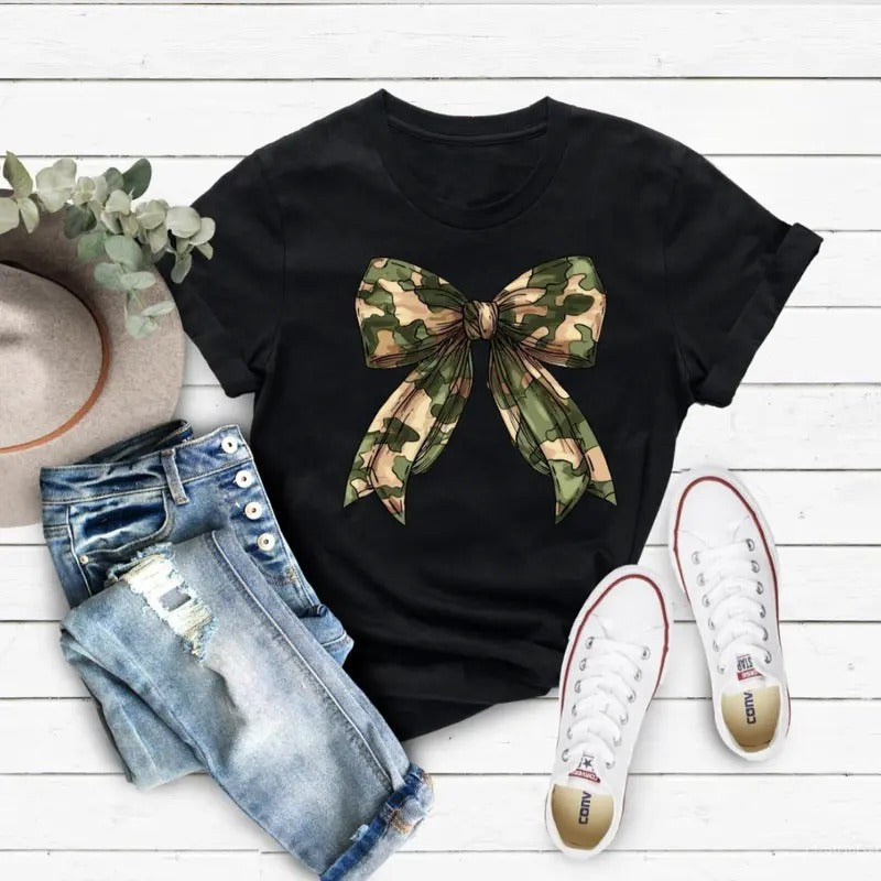 Camouflage Bow Shirt, Camouflage Coquette Shirt, Coquette Aesthetic Tee, Camouflage Print Shirt, Camo Bow T-shirt, Brown Green Bow Tee, Lady Top, Full Sizes, Full Colors, Cotton Crewneck Shirt for Women, Womenswear, Graphic Printed Tee
