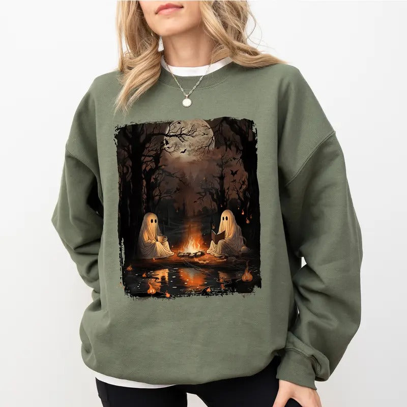Camping Halloween Ghosts Sweatshirt, Funny Reading Boo Crewneck, Cute Coffee Ghost Sweater, Spooky Season Camping Ghosts Sweatshirt, Halloween Party Top, Halloween Boos Crewneck, Comfy Long Sleeve Pullover, Cute Women's Tops, Soft Cotton Fabric Womenswear