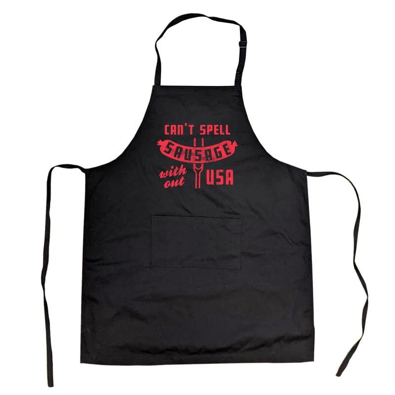 Can't Spell Sausage Without USA Cookout Apron Funny 4th Of July Cookout Kitchen Smock Funny Aprons Patriotic Apron Funny Food Cover Novelty Cooking Aprons for Men Black