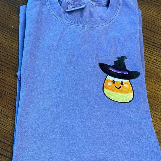 Candy Corn Witch Halloween Embroidered Comfort colors Tee shirt Cute