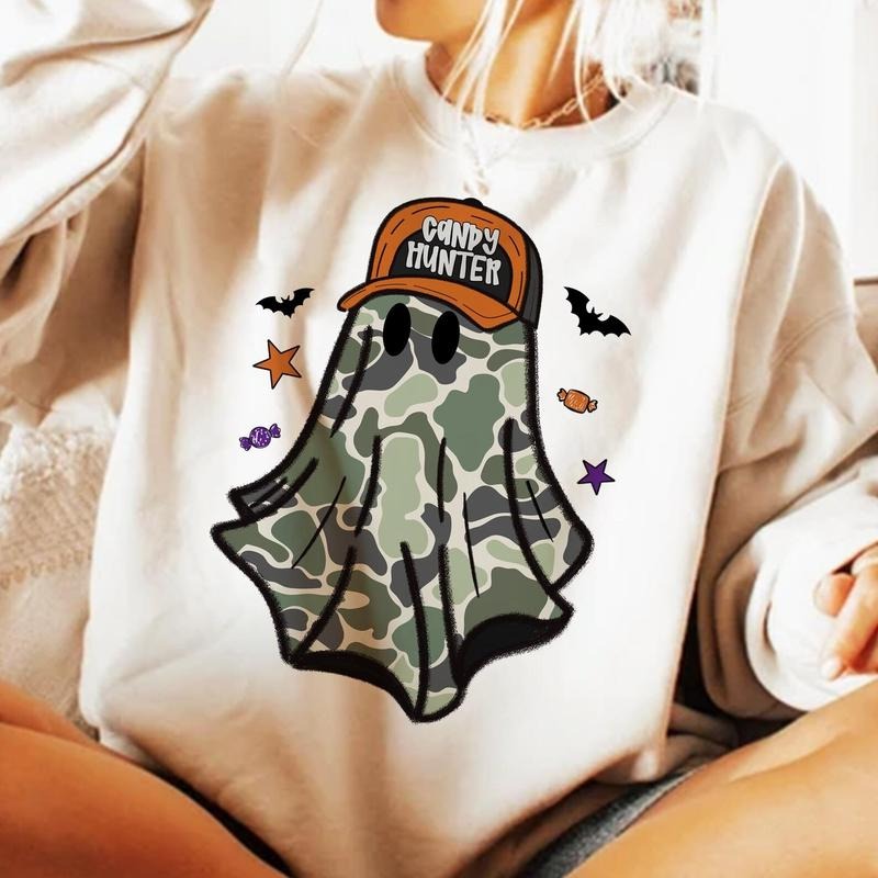 Candy Hunter Camo Ghost Halloween Unisex Sweater, Funny Halloween Camo Boo Ghost Shirt, Graphic Tee for Men and Women