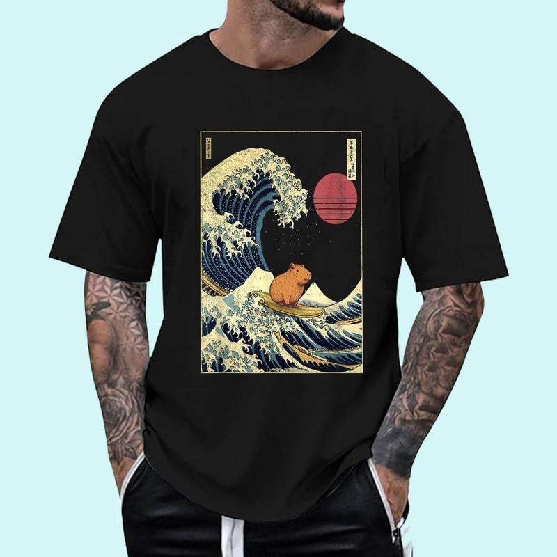 Capybara Japanese Kanagawa Wave Funny Surf Animal T-Shirt | Tee For Men and Women, Unisex Cotton