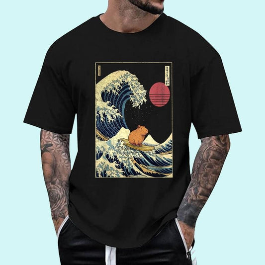 Capybara Japanese Kanagawa Wave Funny Surf Animal T-Shirt | Tee For Men and Women, Unisex Cotton