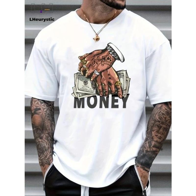 Cartoon Money & Hands Print, Men's Graphic Design Crew Neck Niche T-shirt, Casual Comfy Tees Tshirts For Summer, Men's Clothing Tops For Daily Vacation Resorts Made In USA