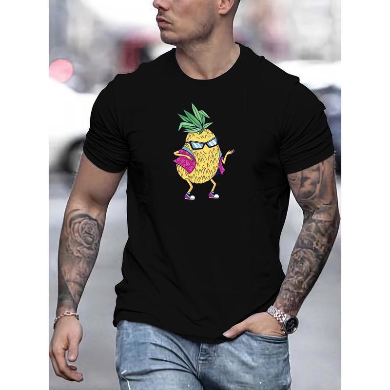 Cartoon Pineapple Dancing Graphic Print, Men's Crew Neck Short Sleeve T-shirt, Casual Comfy Fit Top For Summer made in usa