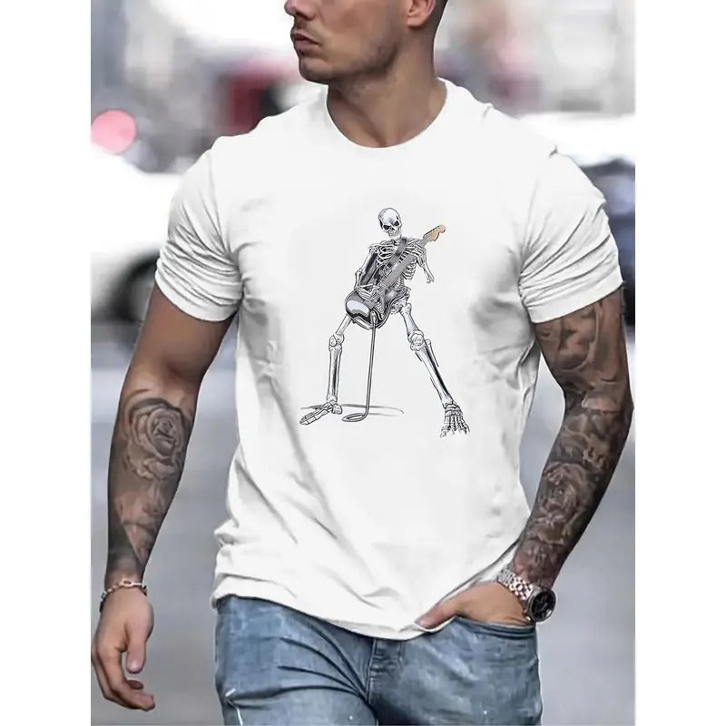 Cartoon Skeleton Playing The Guitar Graphic Print, Men's Novel Graphic Design T-shirt, Casual Comfy Tees For Summer, Men's Clothing Tops For Daily Activities Made in USA