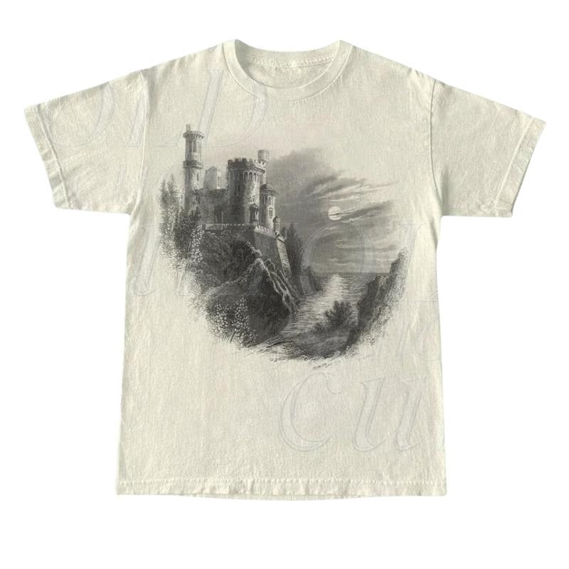 Castle Dark Art Retro Graphic T Shirt, Vintage 90s Gothic Tee, Nostalgic Retro Graphic Shirts, Dark Academia 2000s Shirt, Horror Shirt, Cheap Graphic Tee, Castle Dark Art Retro Shirt Top Menswear Underwear Streetwear Tshirt Casual Tropical T-Shirt