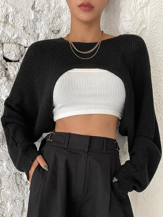 Casual Long Sleeve Super Crop Sweater Crew Neck Pullover Knit TopsY2K