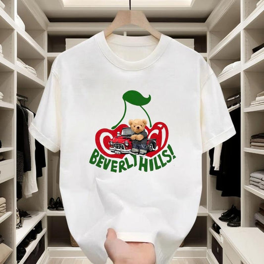 Casual Retro Cotton T - shirt |   Adorable Bear & Cherry Print for Weekend Hangouts