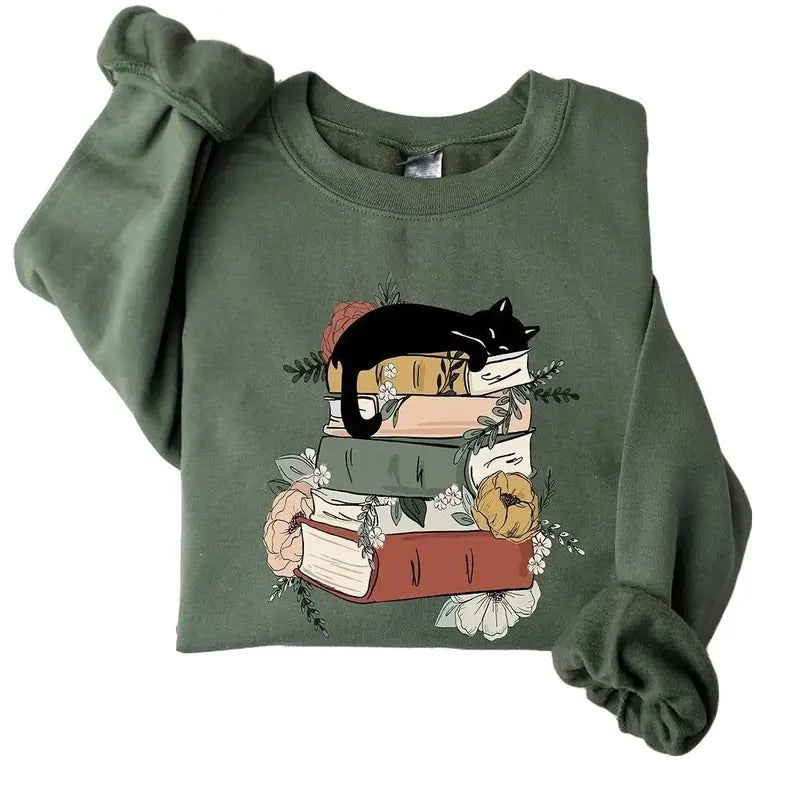 Cat Book Sweatshirt, Books and Cats Hoodie, Reading Shirt, Cat Lover T-Shirt, Gift for Cat Lover, Gift for Book Lovers, Book, Bookish Shirt