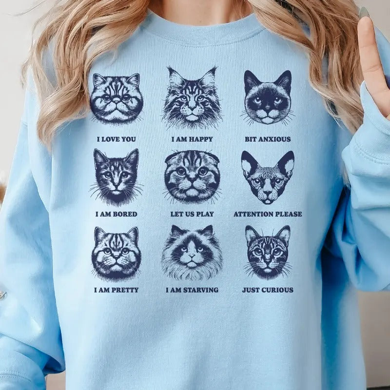 Cat Collage Sweatshirt Cat Attitude Pullover Funny Cat Face Feeling Collage Sweatshirt Casual Womens Top Unisex Sweatshirt