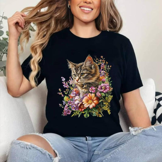 Cat Flower Floral Cute Kitten Graphic T-Shirt , Cotton 100%, Top Womenswear
