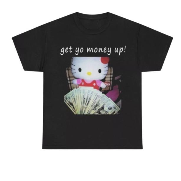 Cat Get Yo Money Up T-Shirt, Vintage Graphic Tees Gothic Grunge Y2k Emo Scene Amity Affliction Style Clothes Men Women Streetwear