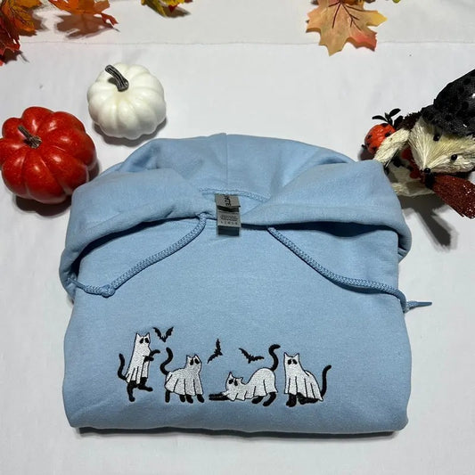 Cat Ghosts embroidered hoodie; Halloween embroidered hoodie; Spooky season casual sweaters Casual hooded Tops