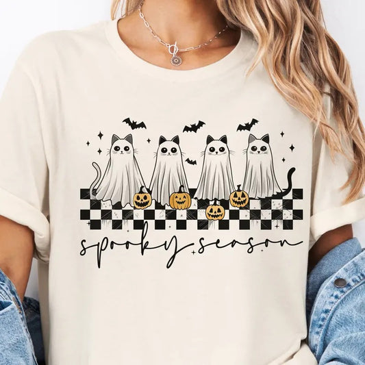 Cat Halloween Tee Spooky Season Cat Halloween Tshirt Funny Cat T-Shirt Cat Lover Halloween Top Retro Checkerboard Spooky Season Tshirt