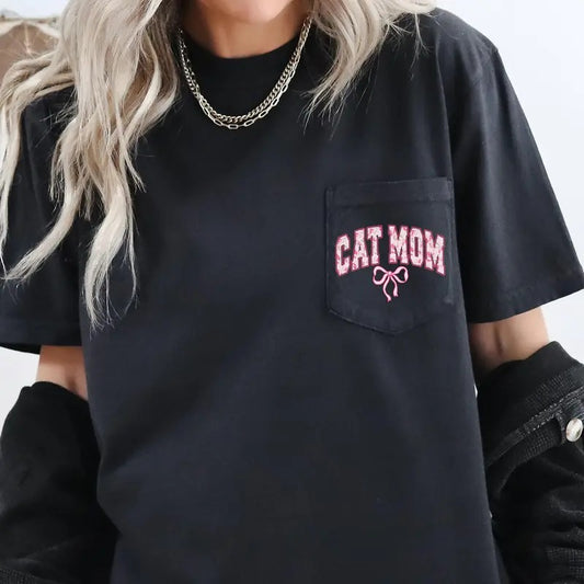 Cat Mom, Coquette, Pocket, Ribbons, Bows Pocket Tee, Women's Comfort Colors Tee