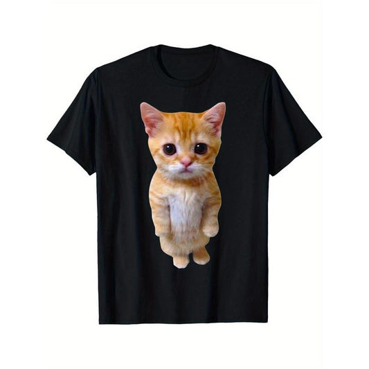 Cat Print T-shirt Cotton Casual Summer Tee, Trendy Tops Crew Neck Tee, Comfort Street Style Tee, Must-have Fashionable Tee  made in usa