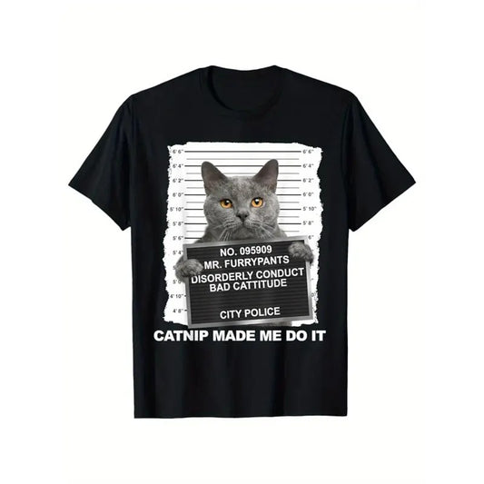 Cat Printed, Men's Cotton T-shirt, Graphic Tee Men's Outdoor Clothes, Men's Clothing, Casual Short Sleeve Crew Neck T-shirt, Soft Comfortable Top  made in usa