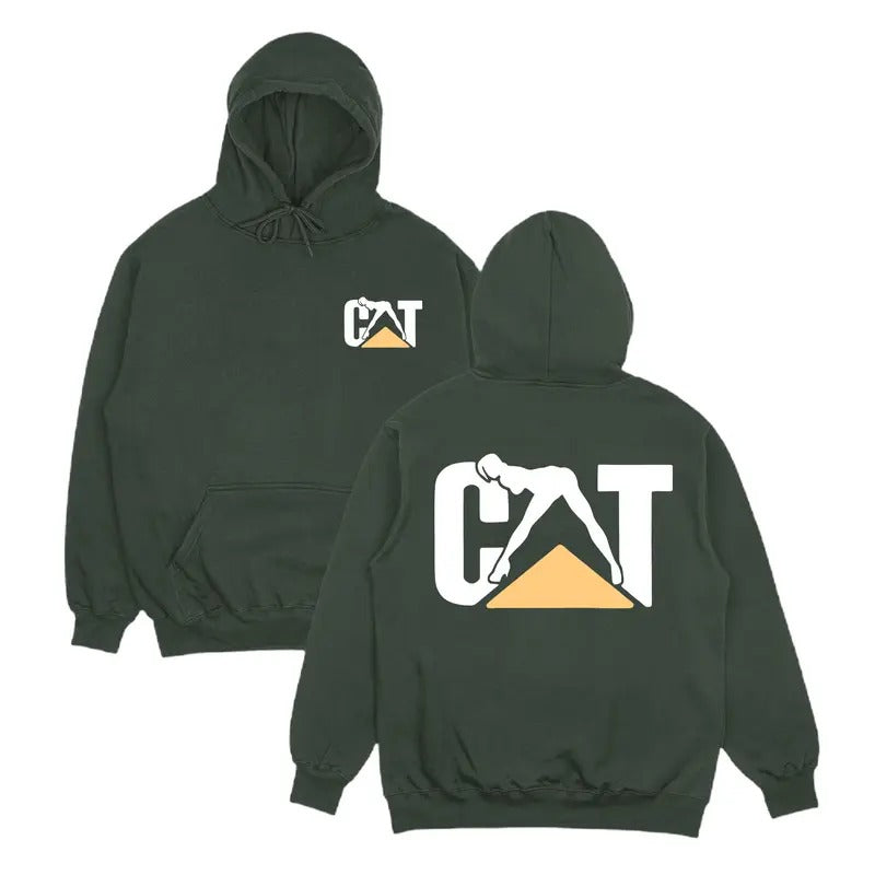 Cat With Woman Hoodie, Classic Workwear Graphic Hoodie, Funny Lady Cat Graphic Design Hooded, Iconic Construction Machinery
