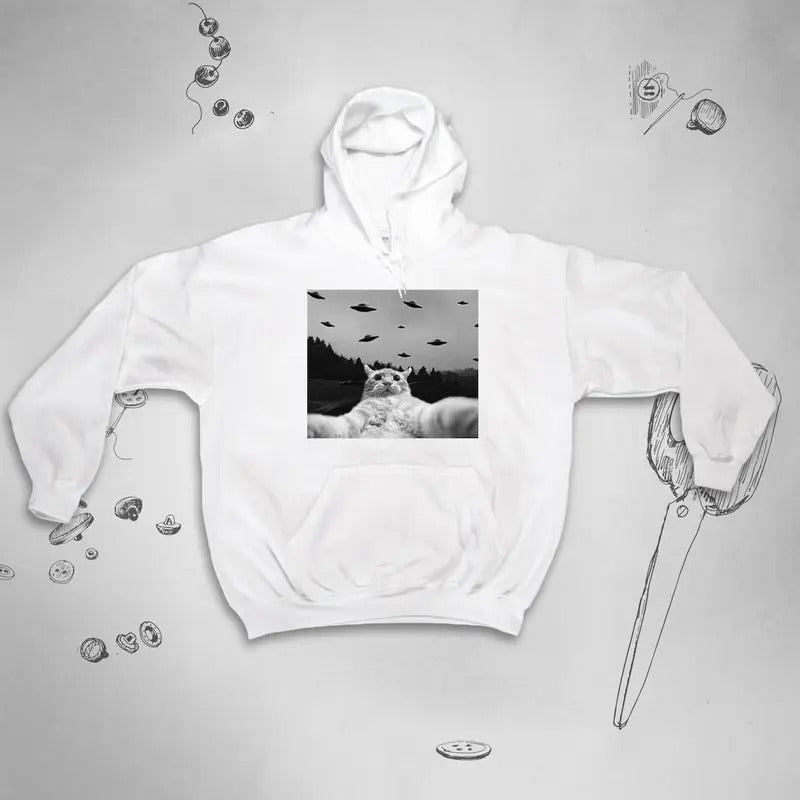 Cat hoodie for Women Men Trendy hoodie Funny Cat Aliens UFO Humor Kitten Design sweatshirt with hood for Teens Gift idea  T-shirt, sweater and Hoodie