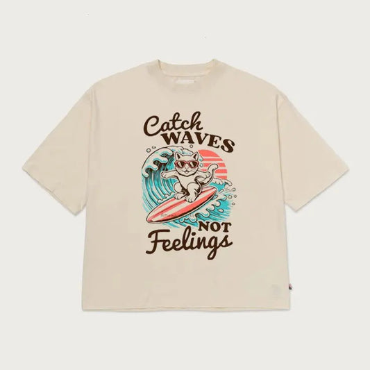 Catch Waves Not Feelings Trending Summer Vacation Funny Beach Shirt Retro Summer Funny Cat Tee