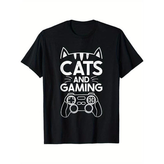 Cats And Gaming Funny Cat Lover Gaming Gift Gamer T-Shirt, 100% Cotton, Gifts for Men Dad Husband Grandpa, S-XXXL, Black  made in usa