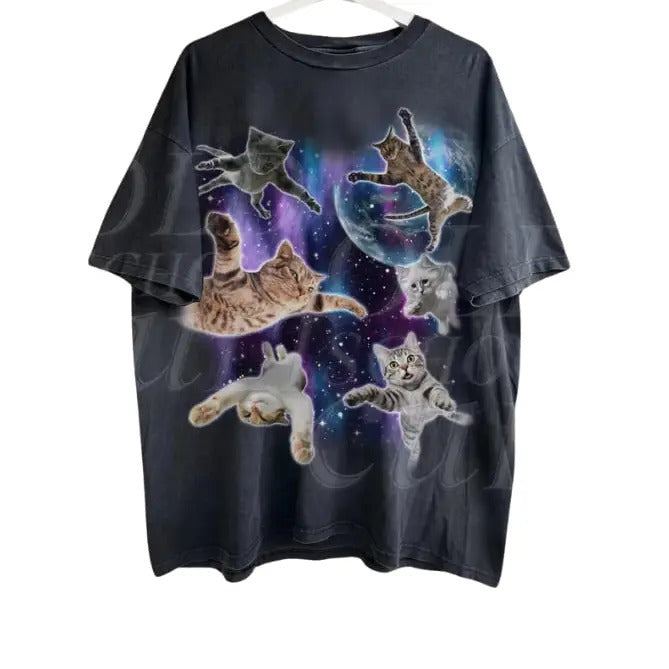 Cats Floating In Galaxy Vintage 90s T-Shirt, Retro Funny Cat Unisex Tshirt,, Funny Cat Meme Shirt, Kitten Lovers Tee, Trippy Graphic Shirt,graphic tees, meme shirts, vintage clothing, unhinged shirts, men's vintage tees