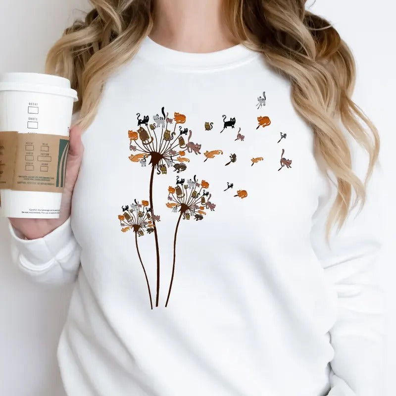 Cats Flower Fly Dandelion Sweatshirt, Cute Cat Lover Shirt, Cat Lover Gift, Funny Cat Hoodie ,Sweatshirt Cool Cat