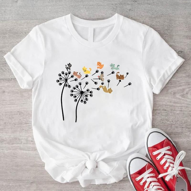 Cats Flower Fly Dandelion T-Shirt, Cute Cat Lover Shirt, Cat Dandelion Tee, Pet Owner Birthday Gift Tee, Cute Paws Shirt.