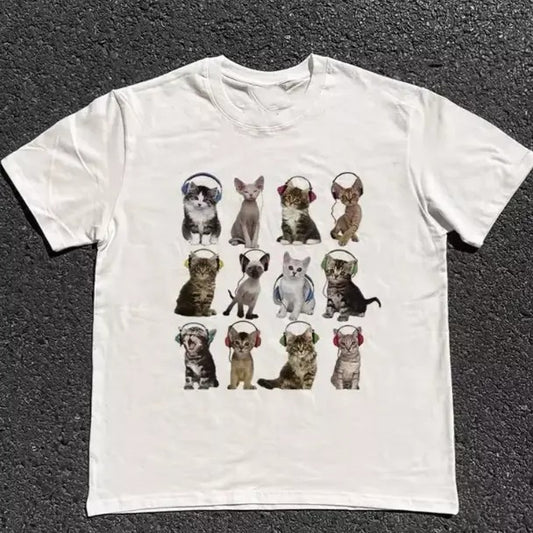Cats HeadPhone T-Shirt, Unisex Vintage Graphic Tees Gothic Grunge Y2k Emo Scene Amity Affliction Style Clothes Men Women Streetwear