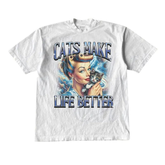 Cats Make Life Better Retro Graphic T-Shirt, Vintage 1940 Pop Women Cat T Shirt, Vintage Kitten Lovers Shirt, Nostalgia Cat Bootleg Shirts