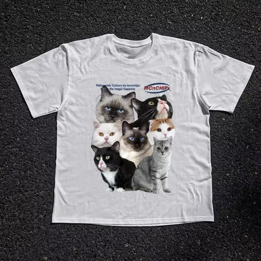 Cats T-Shirt, Unisex Vintage Graphic Tees Gothic Grunge Y2k Emo Scene Amity Affliction Style Clothes Men Women Streetwear