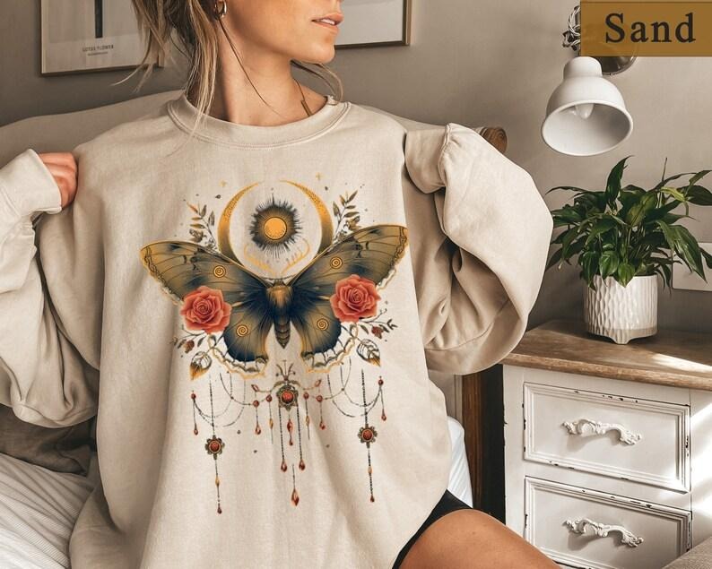 Celestial Moth Shirt, Butterfly Sweatshirt, Nature Lovers Shirt, Spring Shirt For Women,Floral Moth Sweatshirt, Aesthetic Shirt, Moth Hoodie