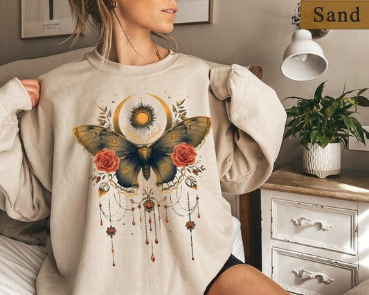 Celestial Moth Shirt, Butterfly Sweatshirt, Nature Lovers Shirt, Spring Shirt For Women,Floral Moth Sweatshirt, Aesthetic Shirt, Moth Hoodie