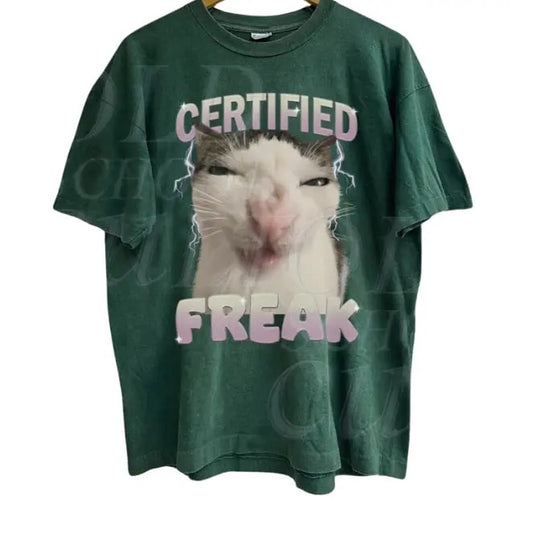 Certified Freak Cat Meme Graphic T-Shirt, Vintage Funny Cat Expression Graphic Tee, Cute Kitty Meme Unisex Retro Top,Fun Pet Humor Gifts Menswear Underwear