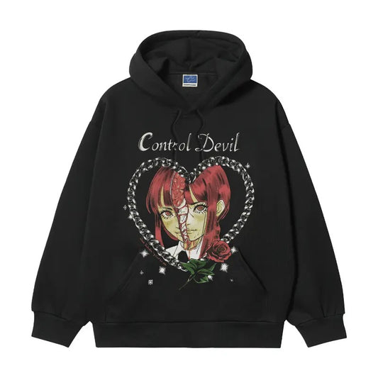 Chainsaw Man "Chopping Makima" Heavyweight Vintage Hoodie Cotton Blend Classic Anime Sweatshirt Menswear Tops Pullover Long Sleeve Casual Biker Black Print Oversize Oversized Crewneck