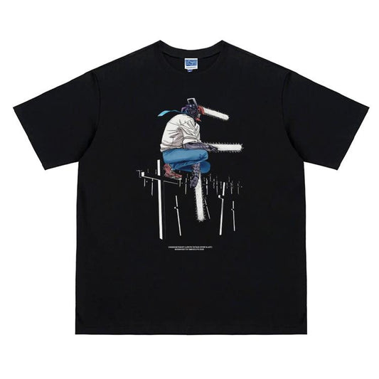 Chainsaw Man "Gravestone Forest" Vintage Oversized Tee Anime T-shirt 100% Cotton Original Design Men's Top for Fans DTG Printing Menswear Tshirt Streetwear Tropical Shortsleeve Crewneck