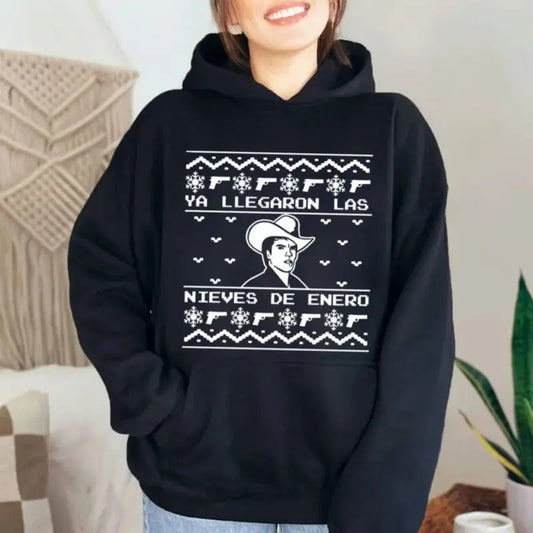 Chalino Black Crew Neck Holiday Sweatshirt, Ya Llegaron Las Bieves De Enero Ugly Shirt, Unisex Sweater Pullover Tee