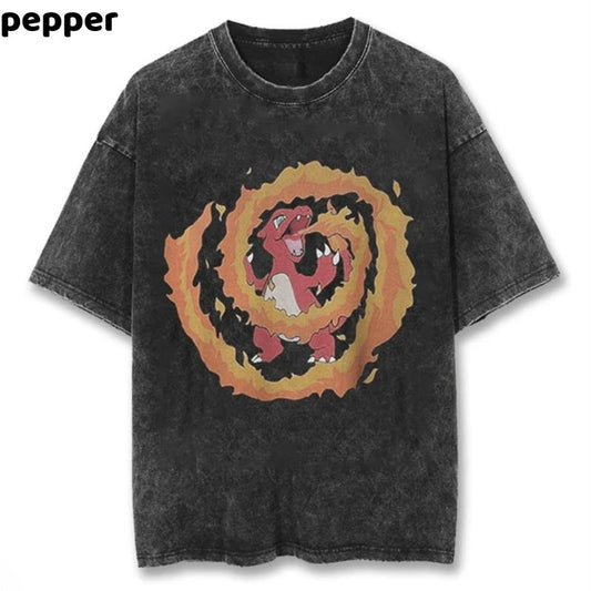 Chameleon Flame Spiral  Washed Vintage Tee , Chameleon Flame Spiral Shirt Anime, Pokemon Shirt, Pokemon Merch, Manga Shirt, Pokemon for fan, Gift for him, Gift for her Menswear Top Streetwear Tropical Biker Shortsleeve Casual T-Shirt Crewneck