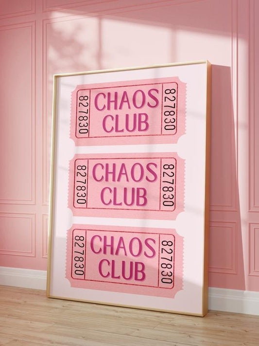 Chaos Club Ticket Print, Pink Trendy Art Retro Prints, Aesthetic Preppy Coastal Cowgirl Punchy Dorm Decor Wall Art, Gifts For Women Wall Decor, Poster Prints No Frame, Dorm Room Decor, Big Wall Art, Gifts For Birthday Christmas Landscape Ornaments