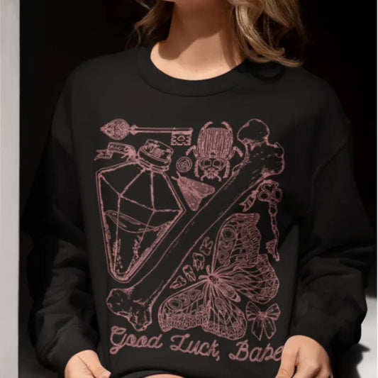 Chappell Roan Pink Pony Club Sweatshirt, GOOD LUCK BABE Sweatshirt - Chappell Roan Vintage Inspired Sweatshirt, Trinket Lover Sweatshirt, Whimsigoth Curio Collection, Cotton Round Neck Tee, Unisex T-shirt for Women, Full Color, Lady Tops