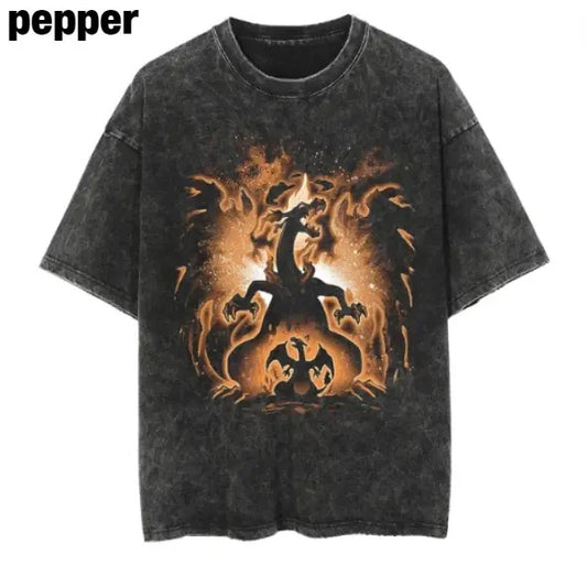 Charizard Fire Vintage Tee, Charizard Shirt, Charizard Merch, Anime Pokemon Shirt, Pokemon Merch, Manga Shirt, Pokemon for fan, Gift for him, Gift for her Menswear Top Underwear Tshirt Streetwear Tropical T-Shirt Shortsleeve Crewneck