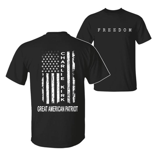 Charlie Kirk Great American Patriot  T-Shirt, Memorial Tribute Tee with US Flag Graphic, Pray for Charlie Kirk Shirt, FREEDOM Shirt - A True Patriot Charlie Kirk