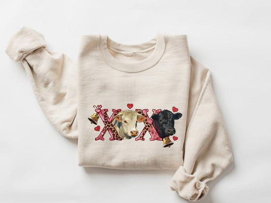 Charolais And Black Angus Xoxo Shirt, Animal Sweatshirt, Cow Bell Crewneck, Funny Valentines Day Gift, Valentines Sweatshirt, Gifts For Her, Long Sleeve Crewneck Shirt, Valentine's Day Ideas Fit Unisex