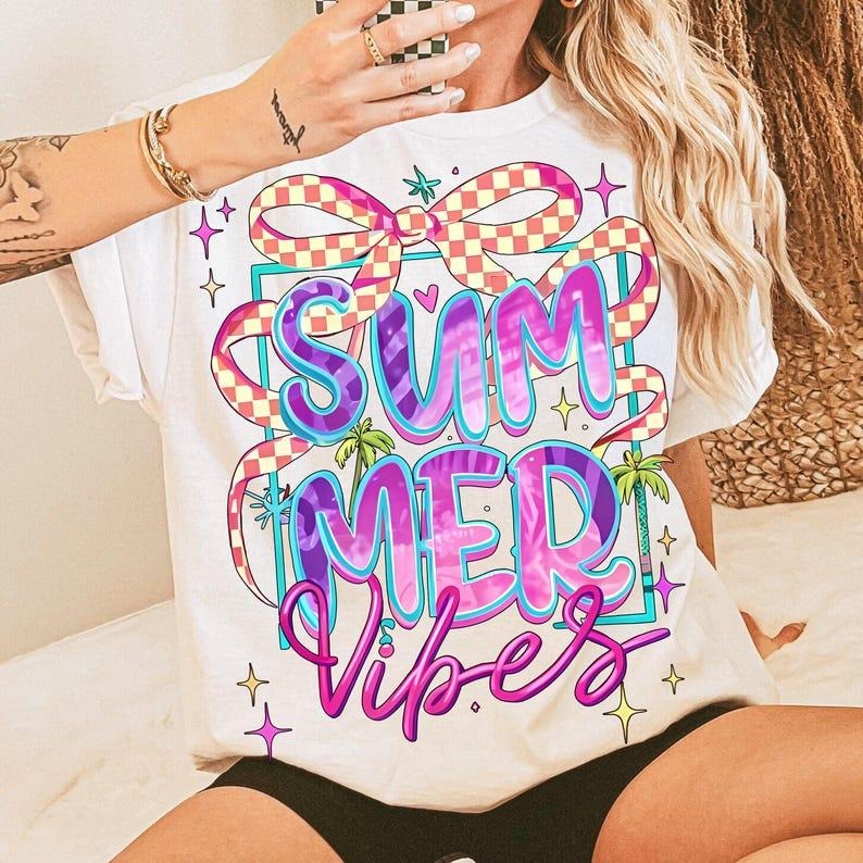 Checkedred Summer Vibes Coquette Bow Tee, Retro Hello Summer Shirt, Checkered Summer Brushstroke Gift for Her, Salty Soul Girl Tee