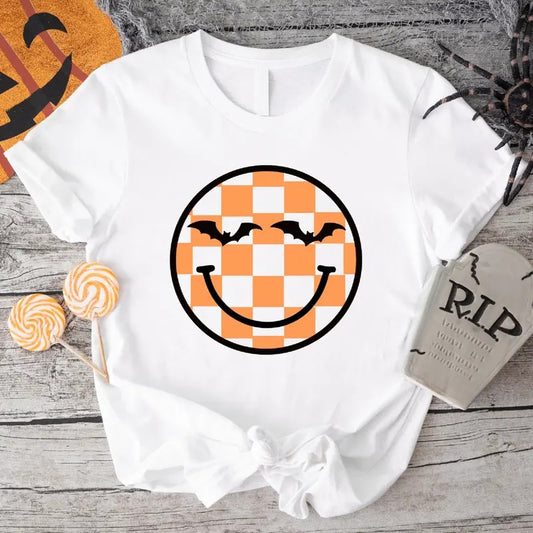 Checker Happy Face Shirt, Bats Funny Halloween T-Shirt, Spooky Season Gift Tee, Unisex Pumpkin Tee.